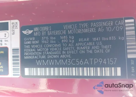 2010 Mini Cooper S Clubman z USA, uszkodzony, nr VIN WMWMM3C56ATP94157